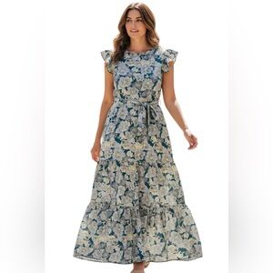 Urbanic Blue Floral Midi Dress Flutter Sleeve Size S